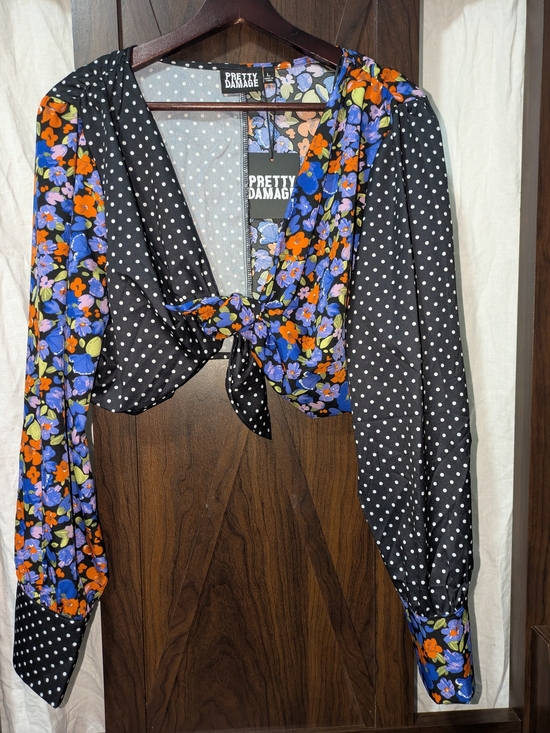 Pretty Damage Tops - Pretty Damage Black Polka Dot & Floral Tie-Front Blouse